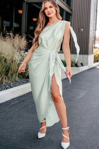 Elegant Bliss One Shoulder Satin Wrap Dress (Mint) - NanaMacs