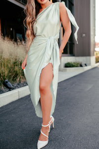 Elegant Bliss One Shoulder Satin Wrap Dress (Mint) - NanaMacs