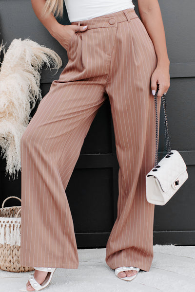 Fall From Grace Pinstripe Wide Leg Pants (Camel/White) - NanaMacs