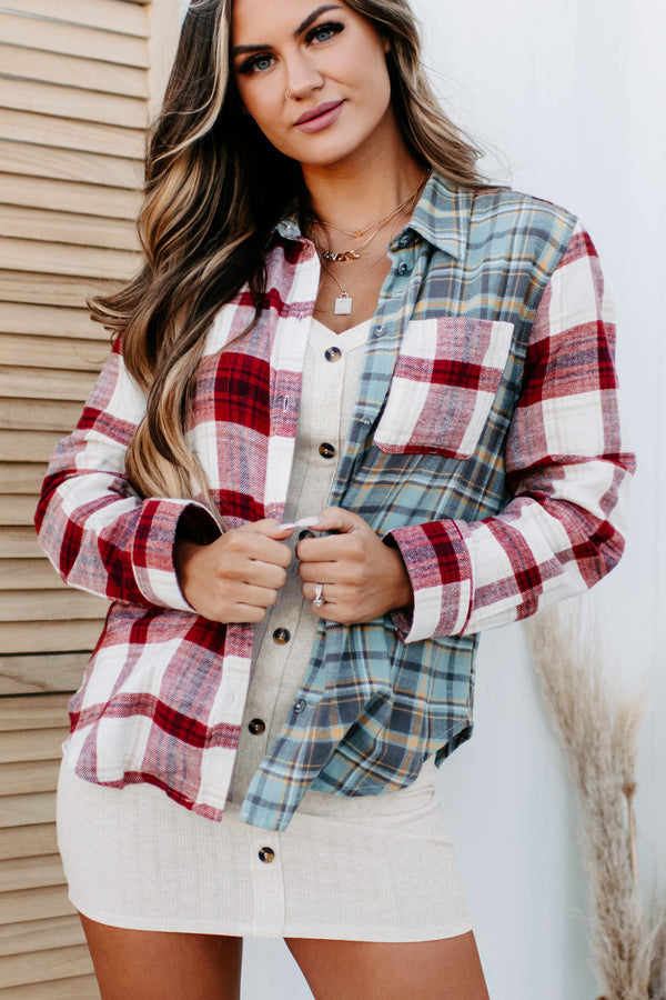 Leaves Are Falling Colorblock Plaid Button-Down Shirt (Red) - NanaMacs