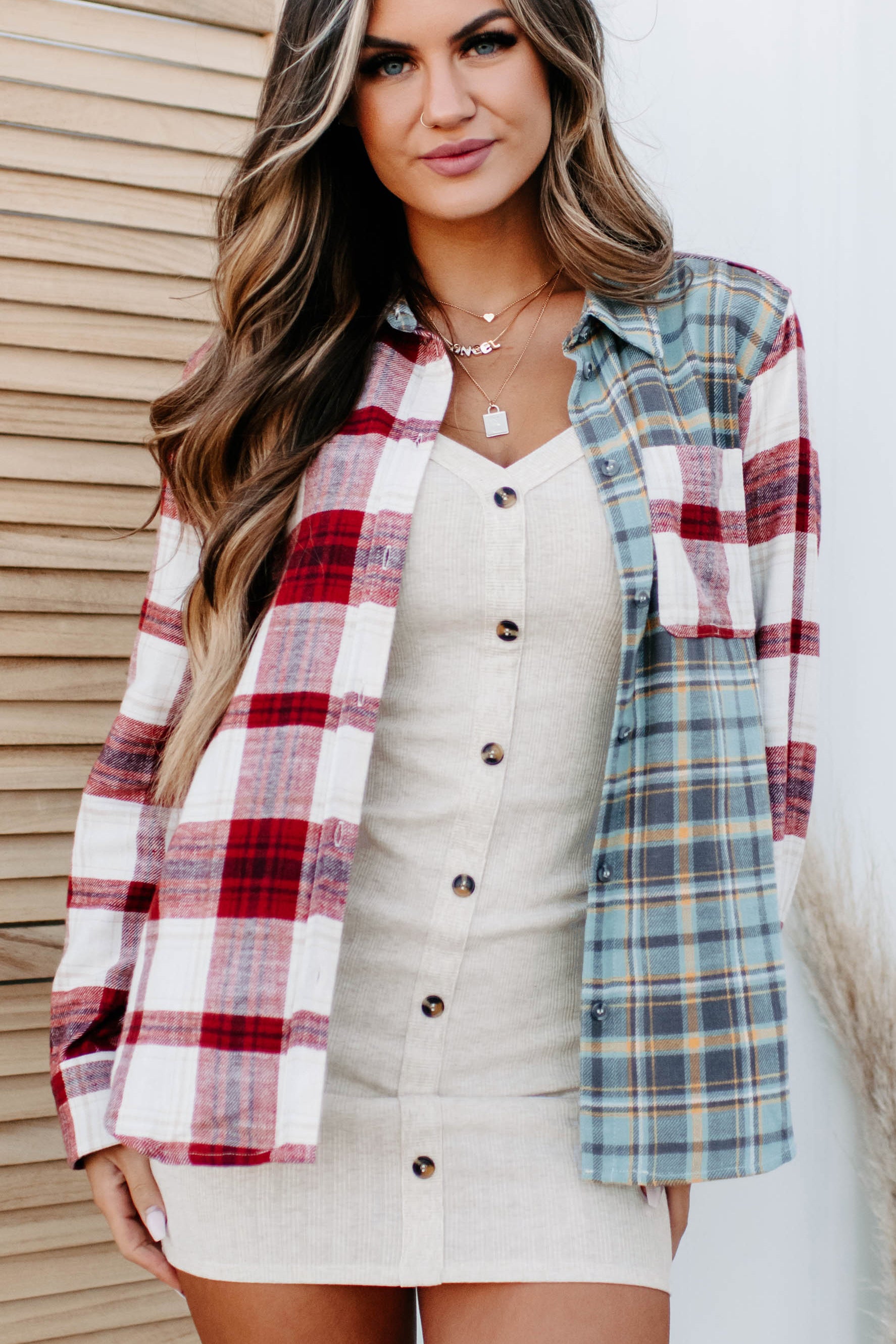 Leaves Are Falling Colorblock Plaid Button-Down Shirt (Red) - NanaMacs