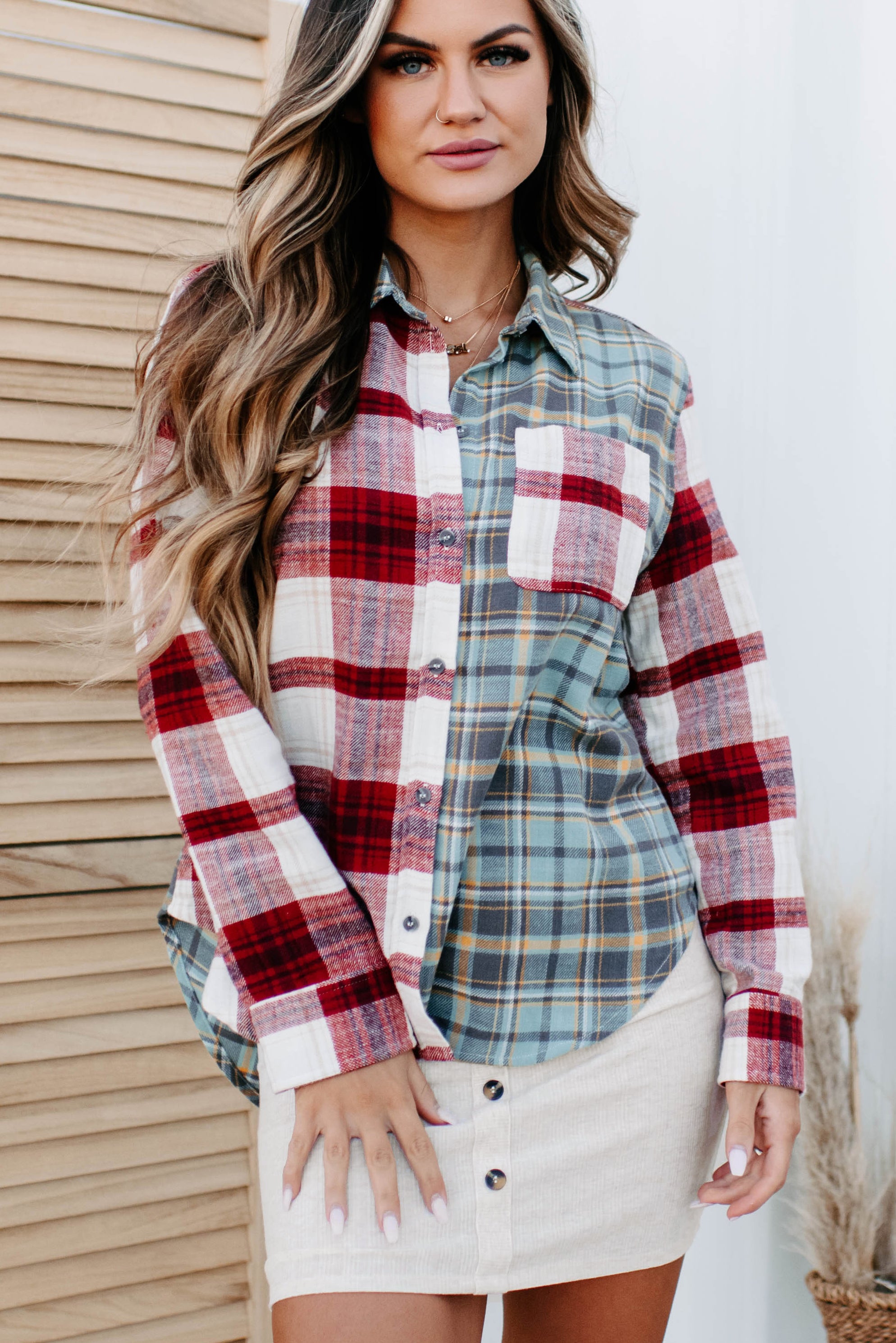 Leaves Are Falling Colorblock Plaid Button-Down Shirt (Red) - NanaMacs