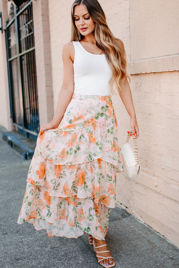 Flirting With Perfection Tiered Floral Midi Skirt (Peach) - NanaMacs