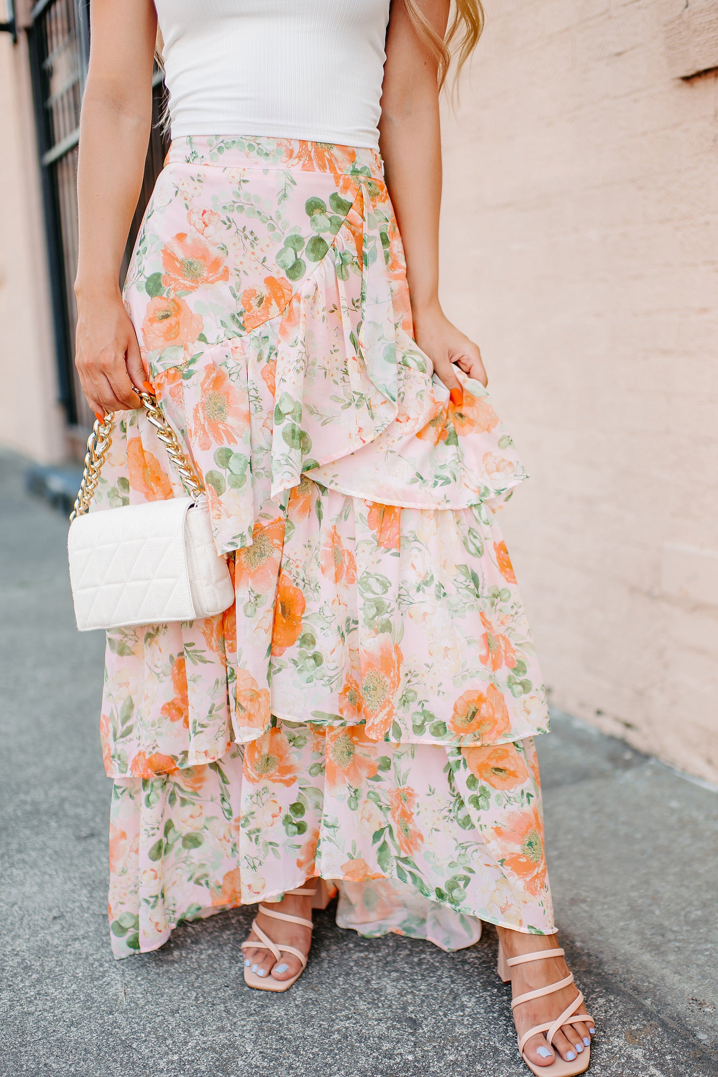 Flirting With Perfection Tiered Floral Midi Skirt (Peach) - NanaMacs