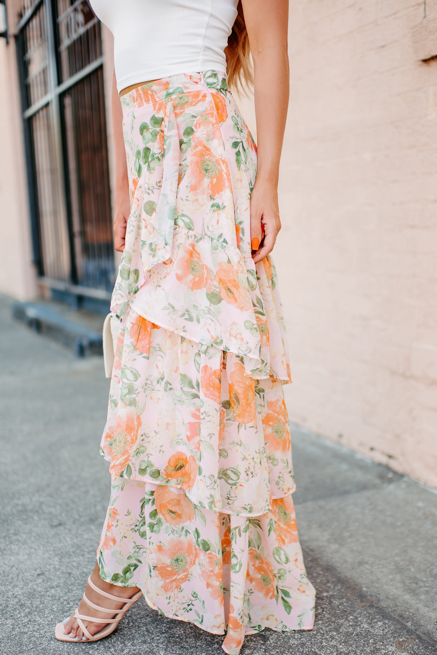 Flirting With Perfection Tiered Floral Midi Skirt (Peach) - NanaMacs