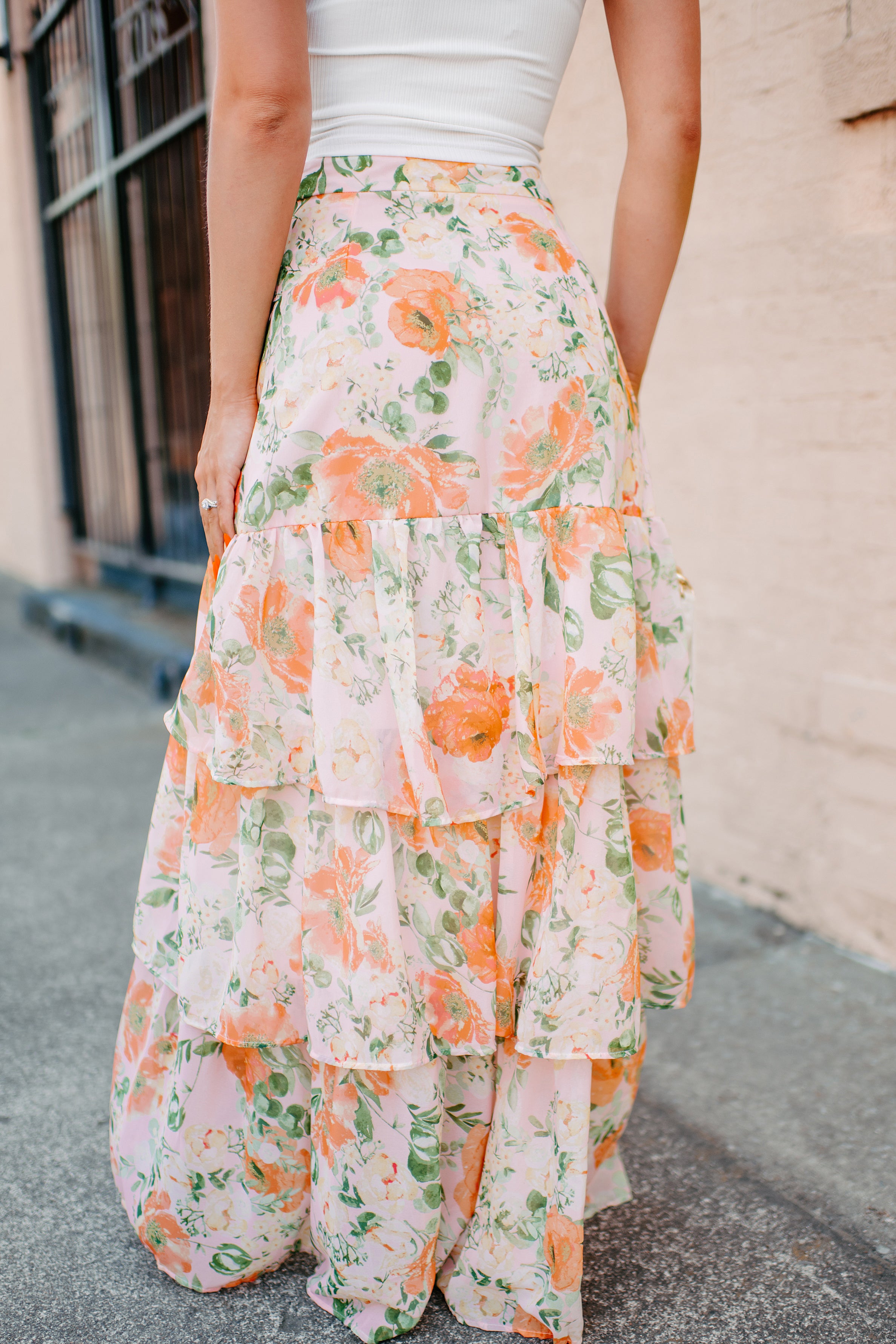 Flirting With Perfection Tiered Floral Midi Skirt (Peach) - NanaMacs