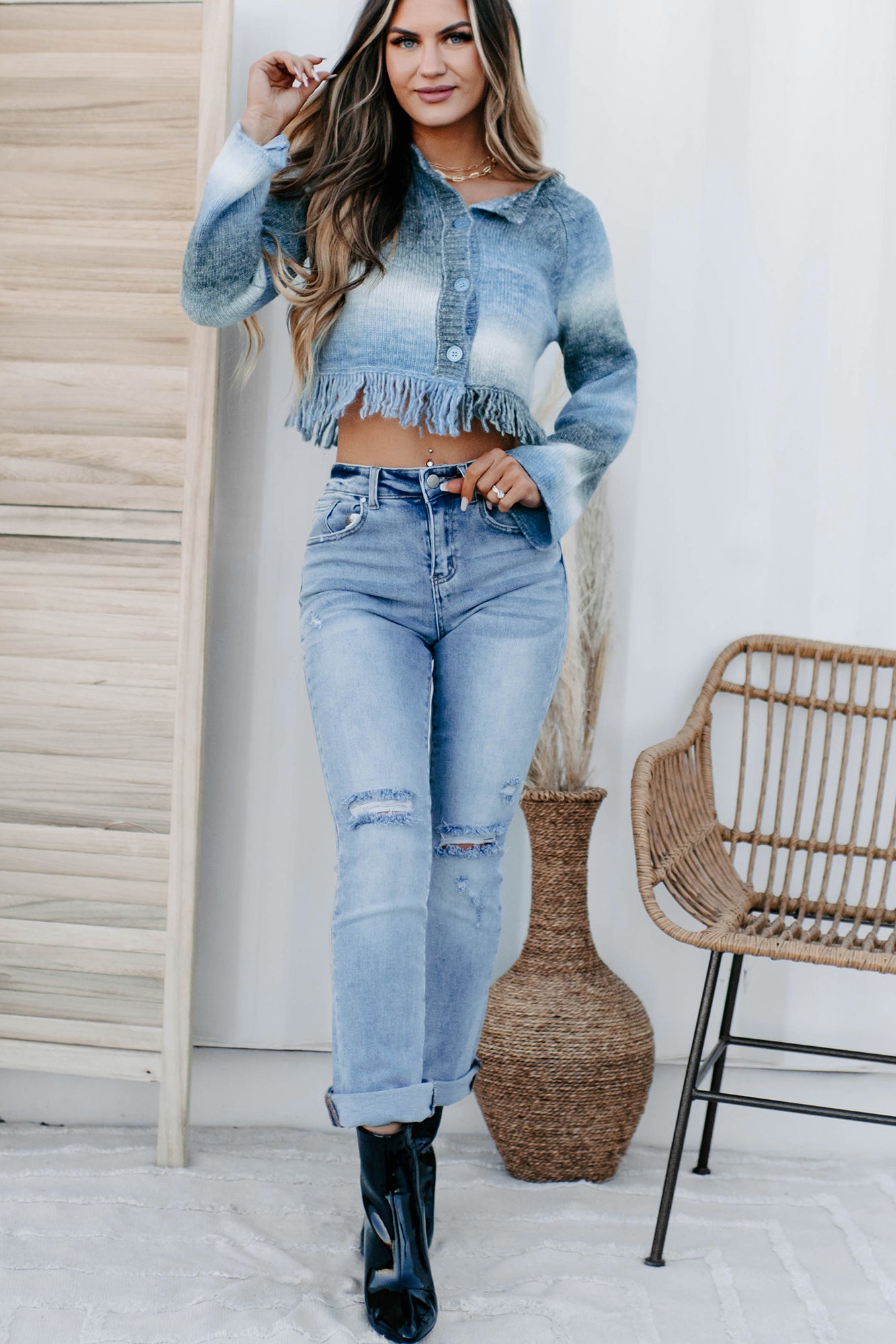 Laylena Ombre Fringe Sweater (Blue) - NanaMacs