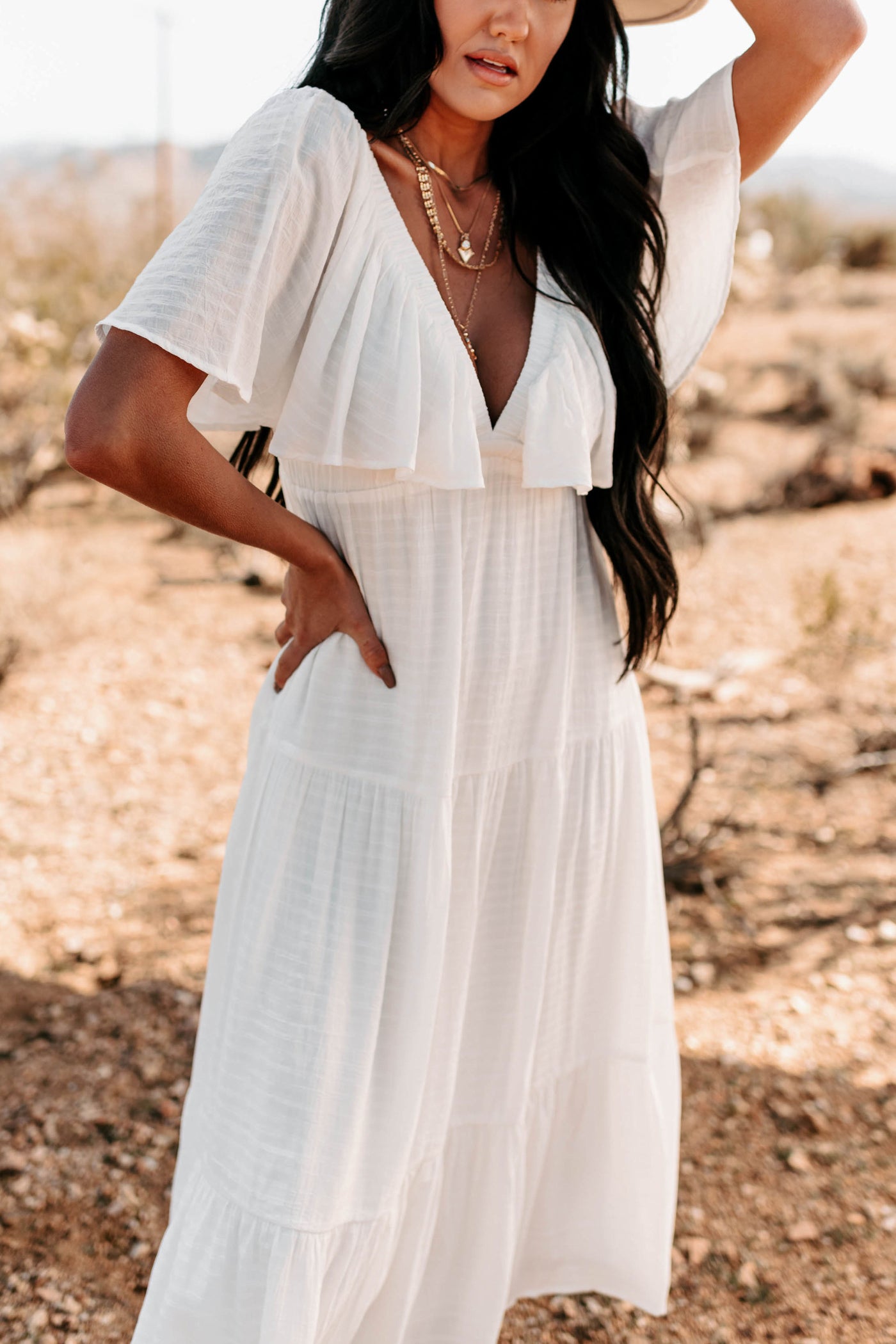 Sweet Girl Ruffle Sleeve Tiered V-Neck Maxi Dress (Off White) - NanaMacs