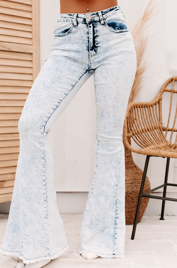 Keeping Secrets High Rise Acid Wash Flare Jeans (Light) - NanaMacs