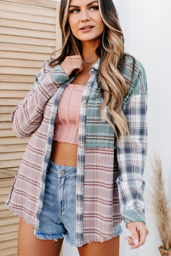 Slowly Drifting Colorblock Plaid Long Sleeve Top (Mauve Multi) - NanaMacs