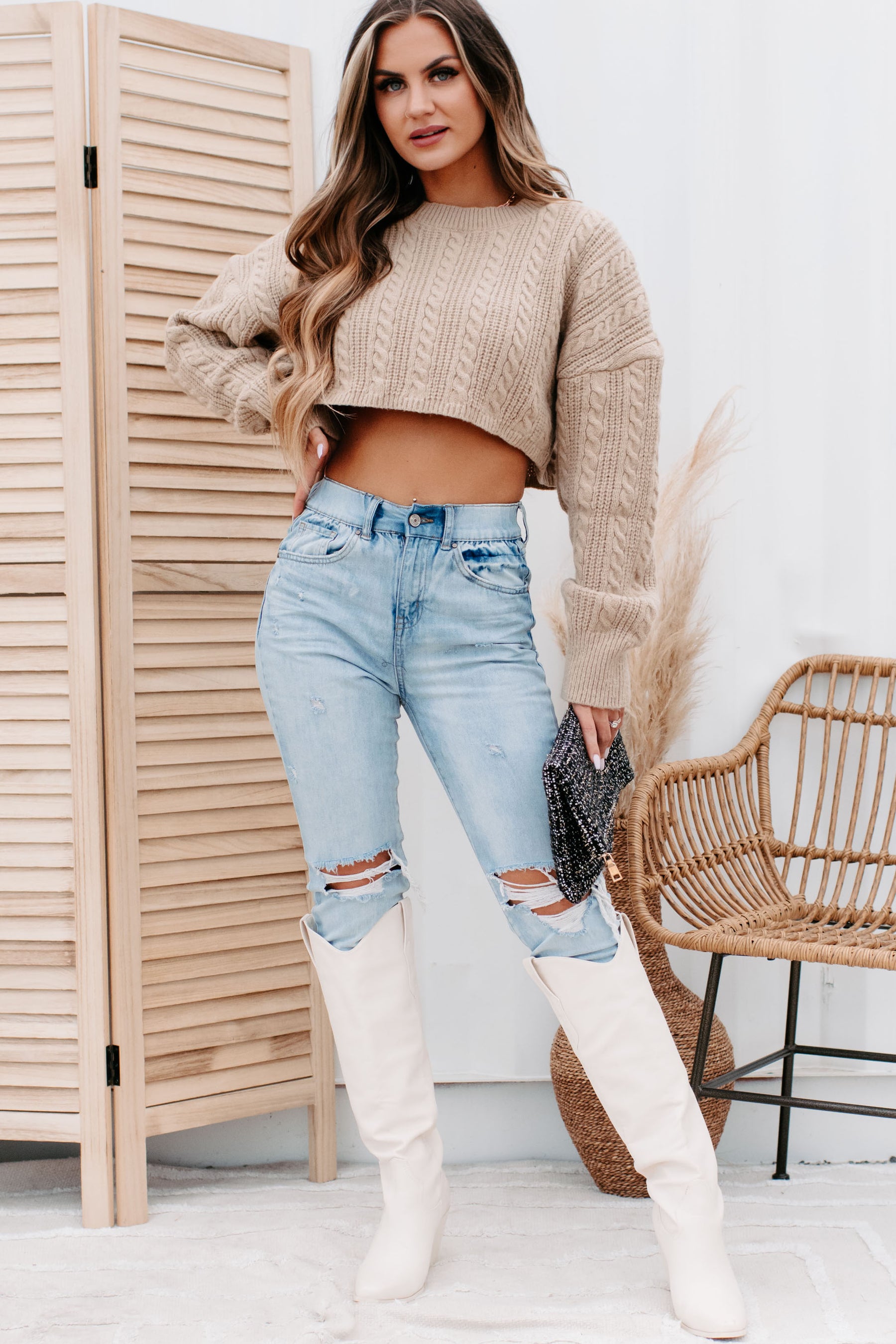 Margie Cropped Cable Knit Sweater (Taupe) - NanaMacs