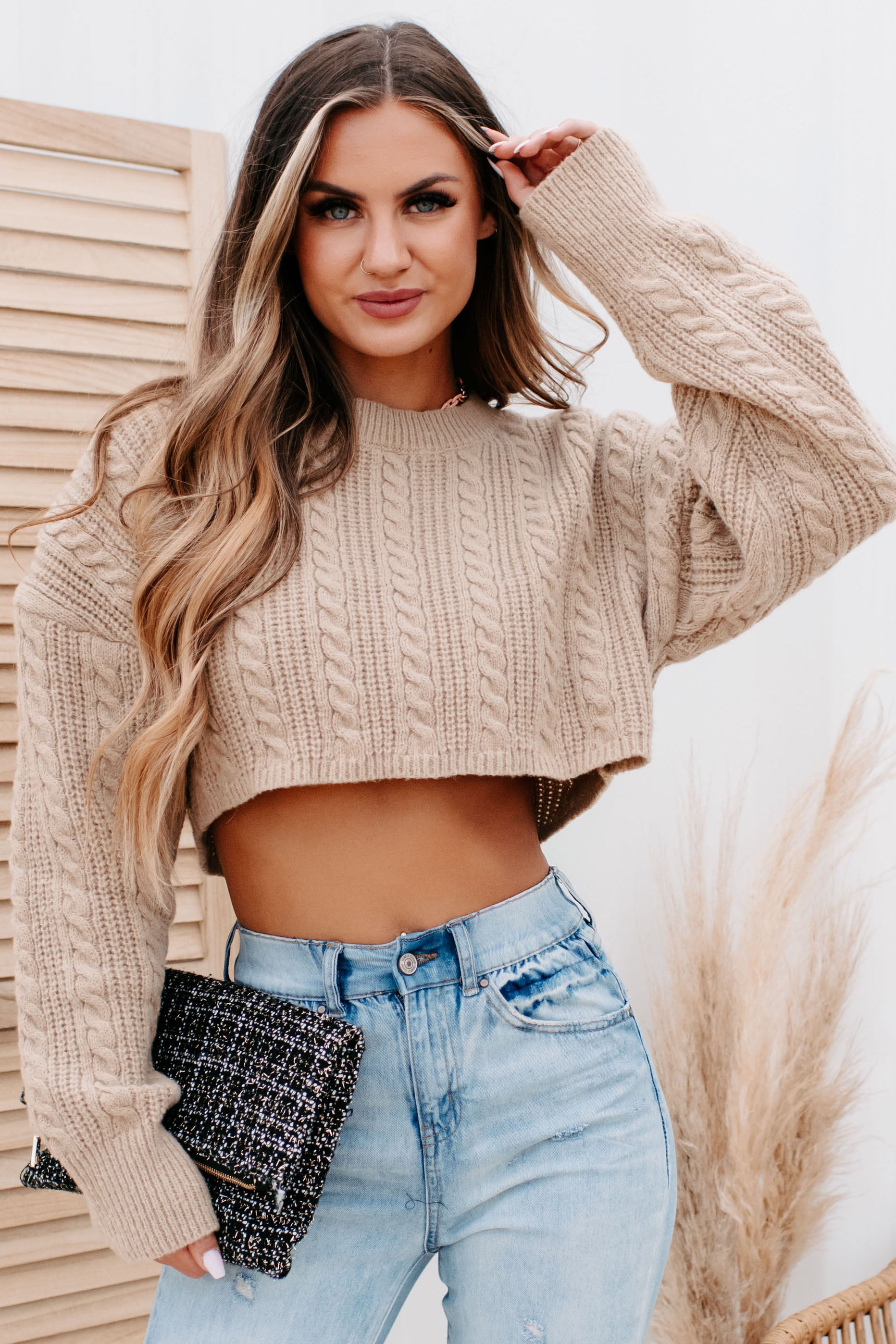 Margie Cropped Cable Knit Sweater (Taupe) - NanaMacs