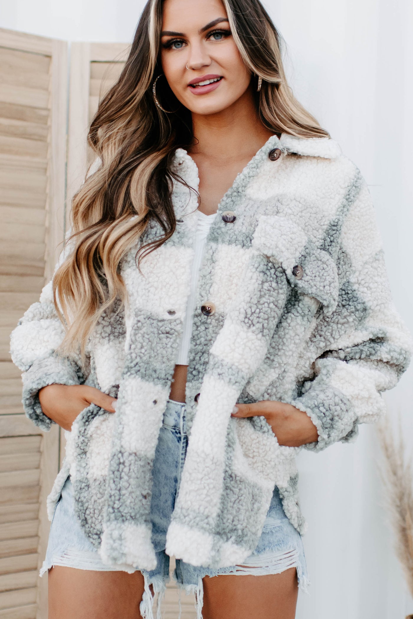 Around The Fire Sherpa Lined Hooded Plaid Jacket (Grey) · NanaMacs