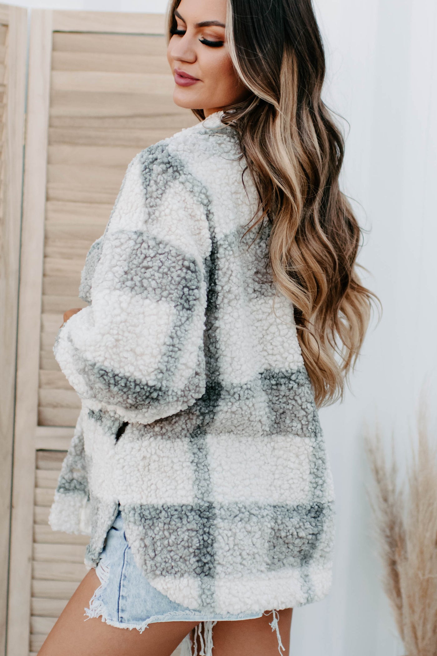 Made It A Moment Plaid Sherpa Jacket (Light Grey Multi) - NanaMacs