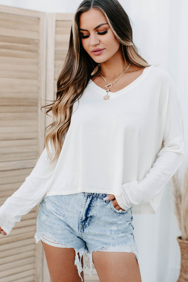 Ride The Line V-Neck Long Sleeve Top (Whip Cream) - NanaMacs