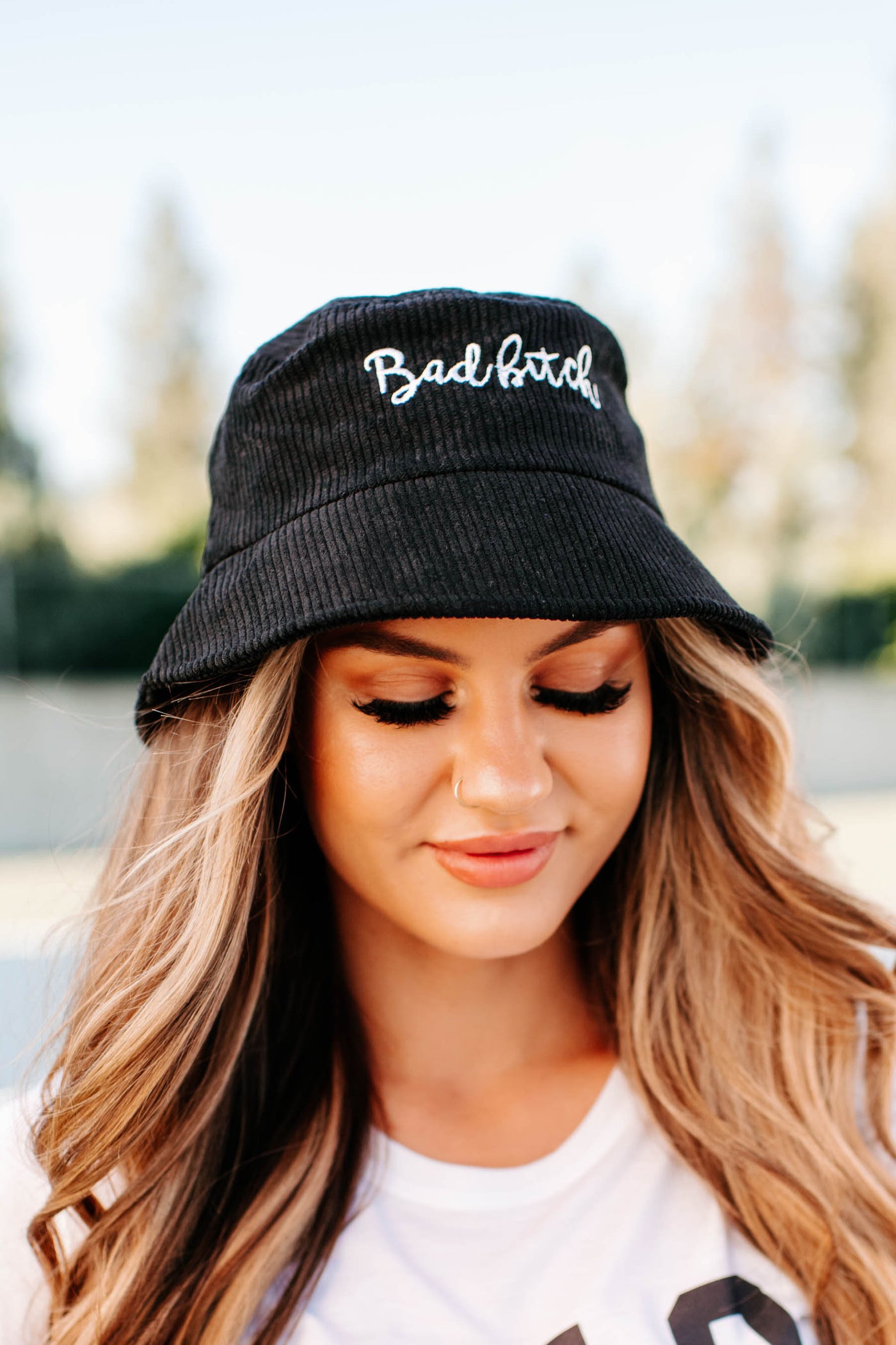 "Bad Bitch" Corduroy Bucket Hat (Black) - NanaMacs