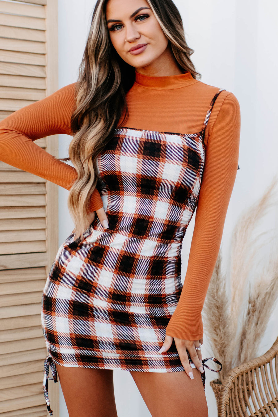 Deeper Meaning Plaid Mock Neck Top & Bodycon Two-Piece Set (Amber/Cream) - NanaMacs