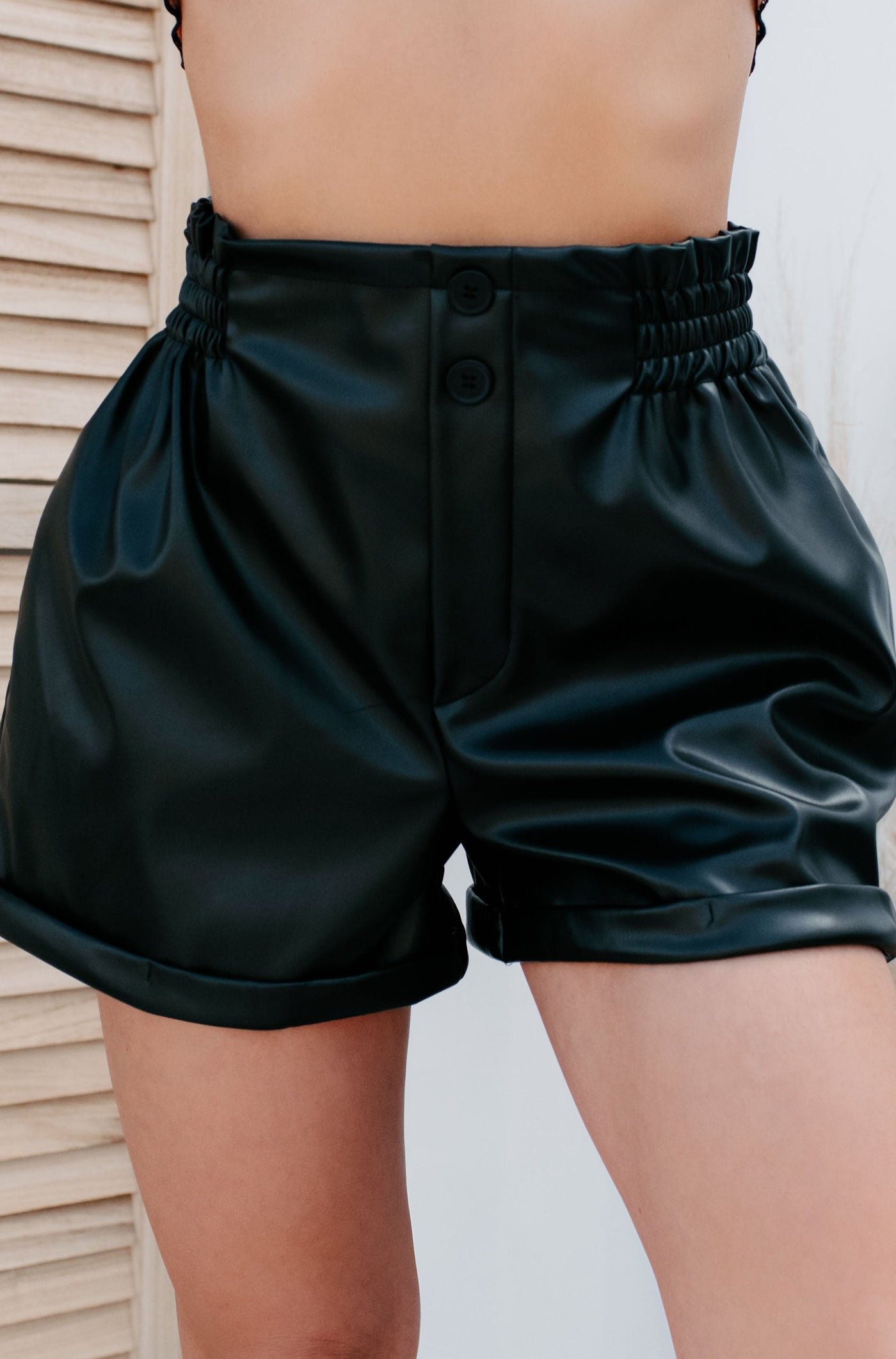 Full Of Drama Cuffed Faux Leather Shorts (Black) - NanaMacs