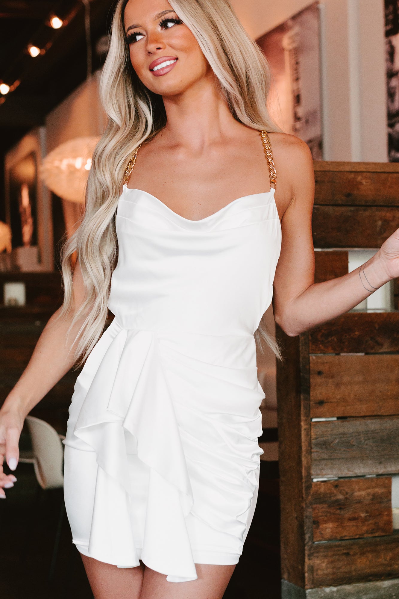 White cowl hotsell neck mini dress