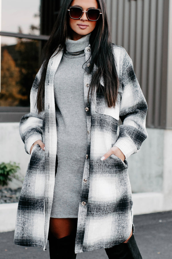 Just Be Sure Long Plaid Shacket (Black/Grey/White) - NanaMacs