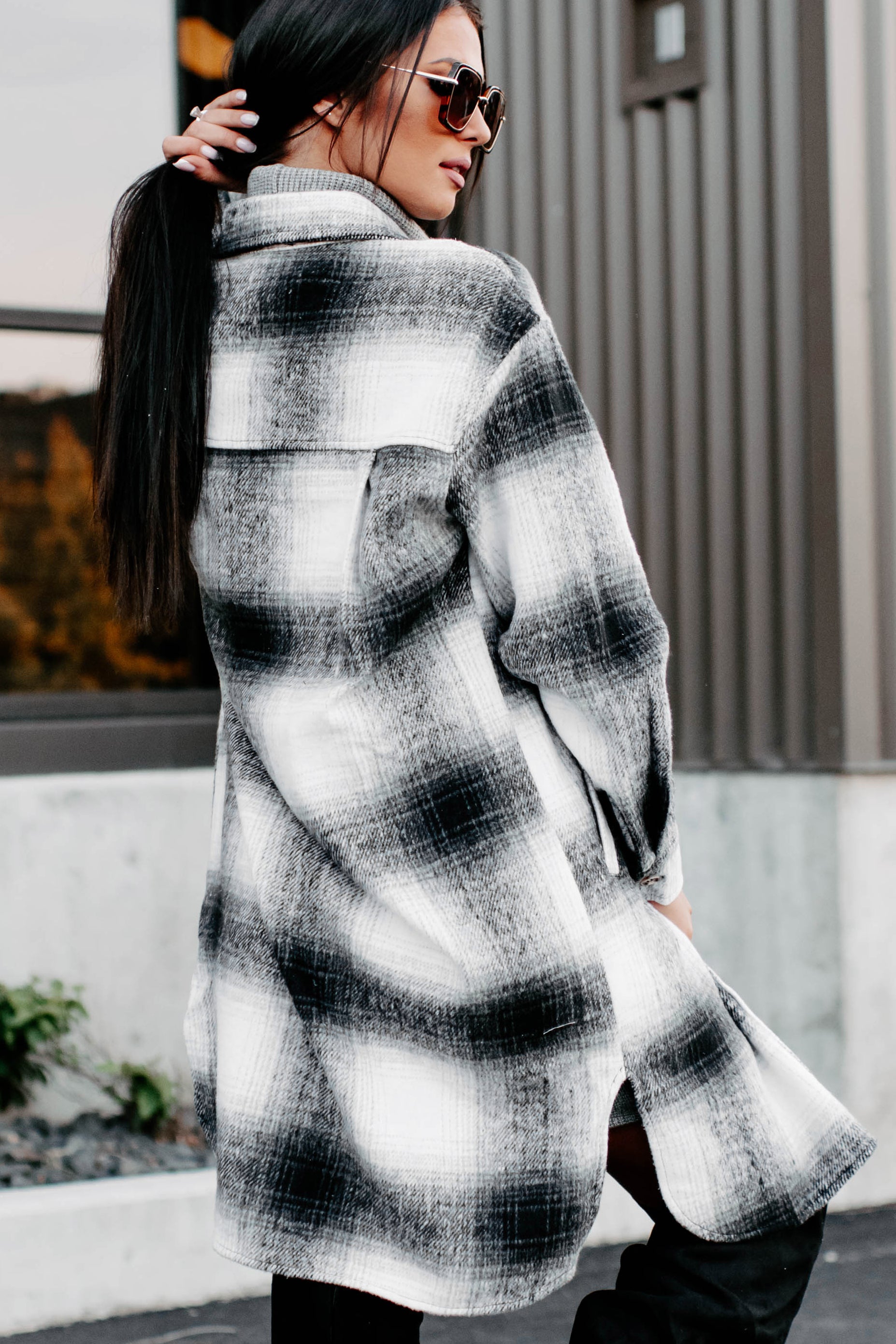 Just Be Sure Long Plaid Shacket (Black/Grey/White) - NanaMacs