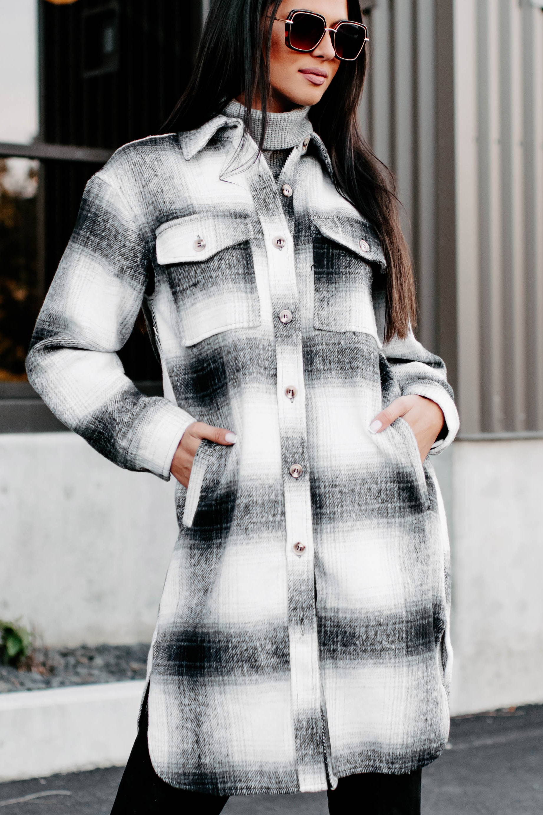 Just Be Sure Long Plaid Shacket (Black/Grey/White) - NanaMacs