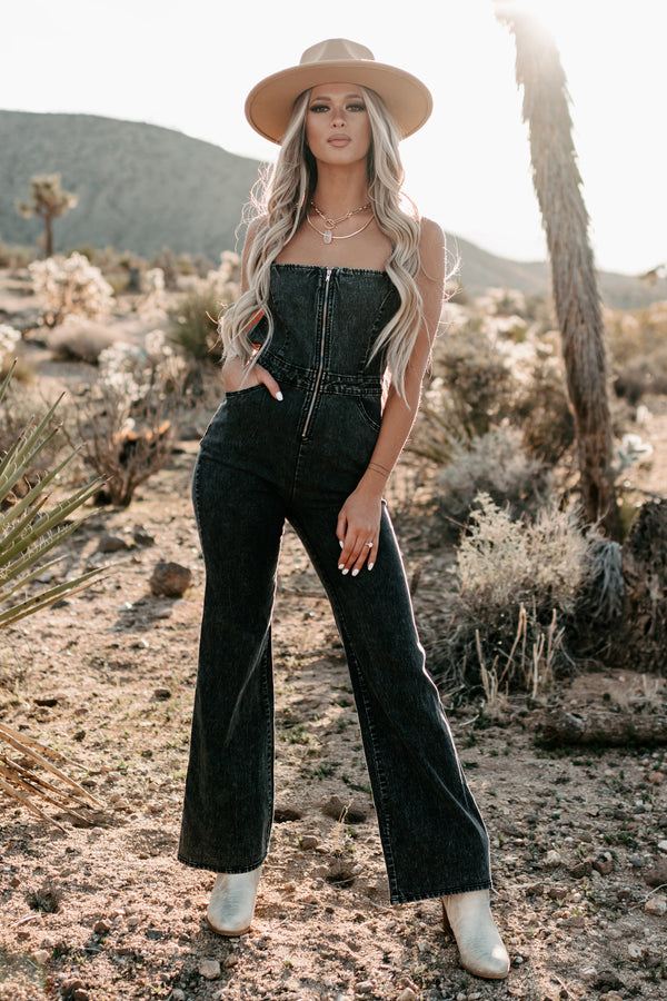 Hitting The Highlights Open Back Denim Jumpsuit (Black) - NanaMacs