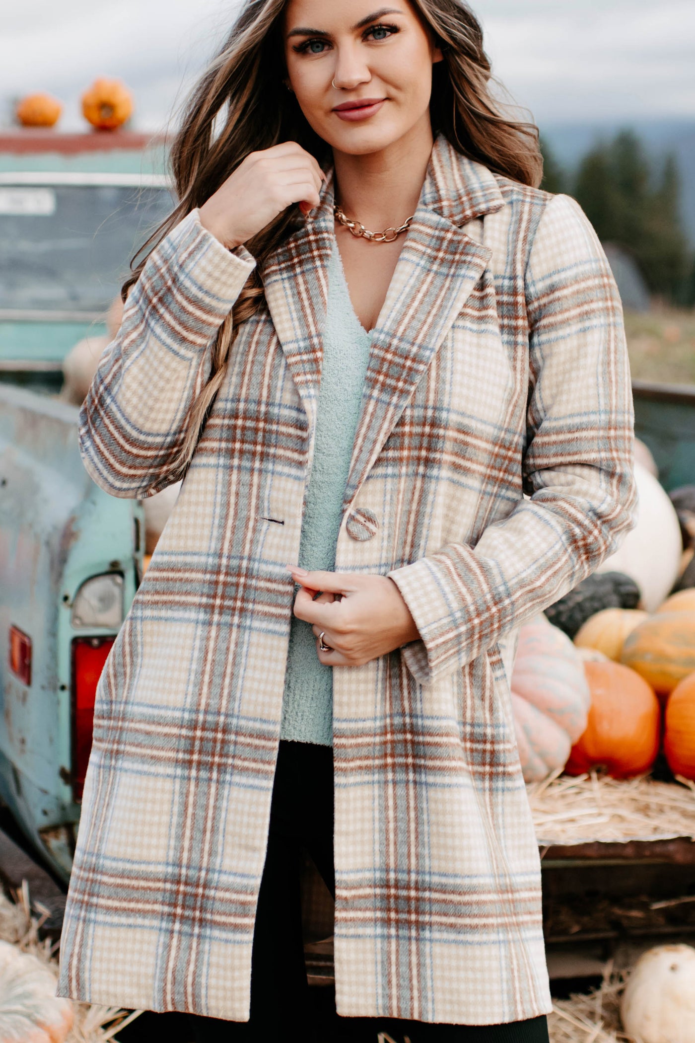 Moves Ahead Plaid Coat (Tan/Brown/Denim) - NanaMacs