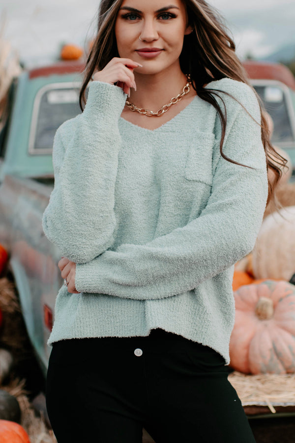 Endearing Moments Fuzzy Chenille V-Neck Sweater (Light Blue) - NanaMacs