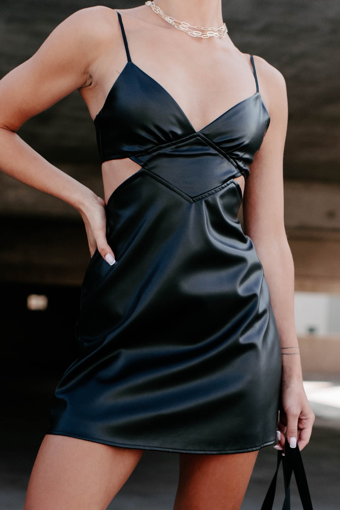 Fuel Your Fire Cut-Out Faux Leather Mini Dress (Black) - NanaMacs