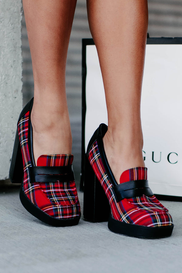 Princeton Prep Heeled Platform Loafers (Red Plaid) - NanaMacs