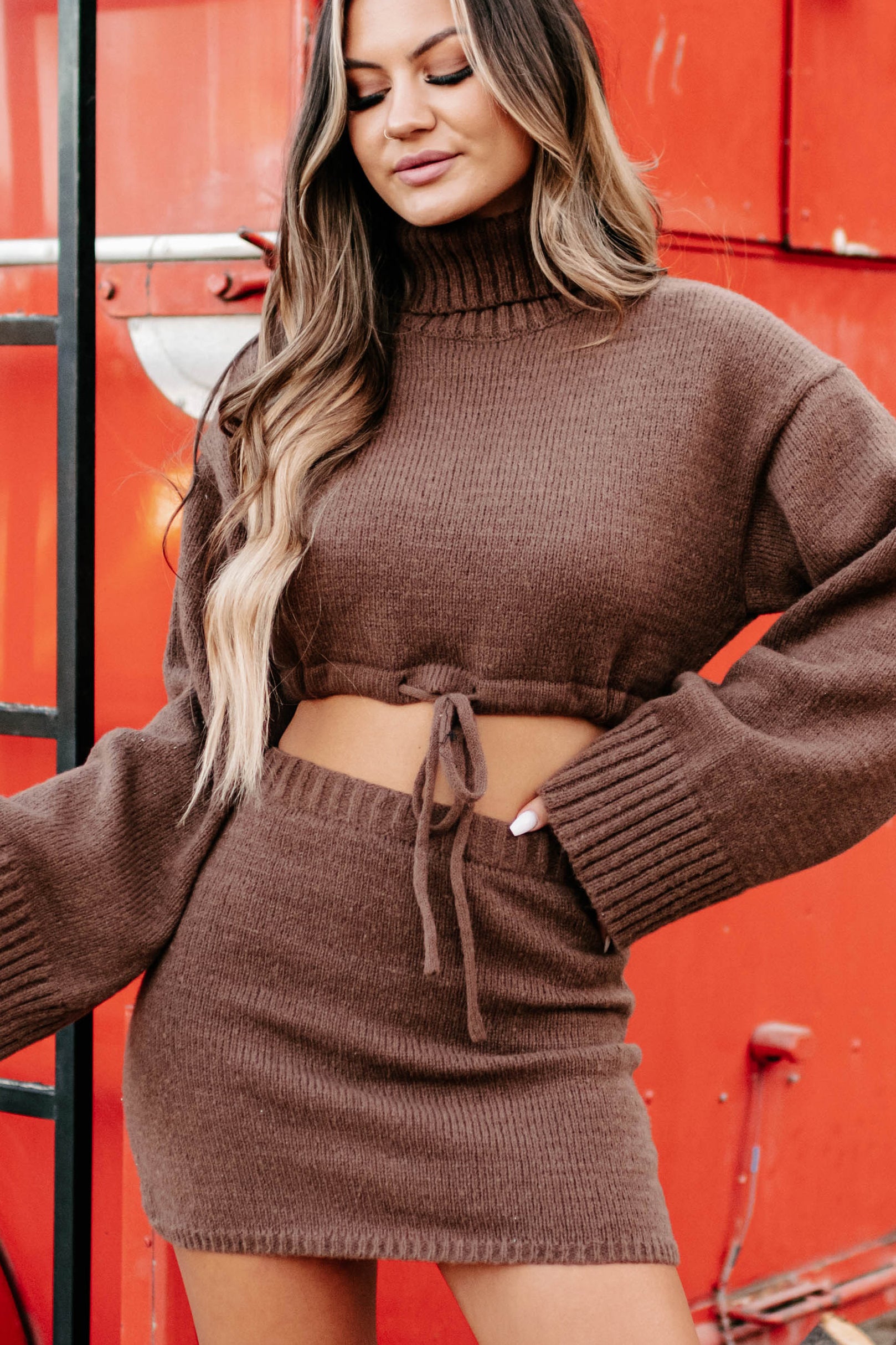 Change In The Weather Sweater Knit Crop Top & Skirt Set (Brown) - NanaMacs