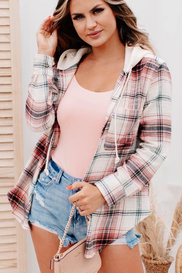 Hometown Dreams Hooded Plaid Button-Down Shirt (Terra Cotta) - NanaMacs