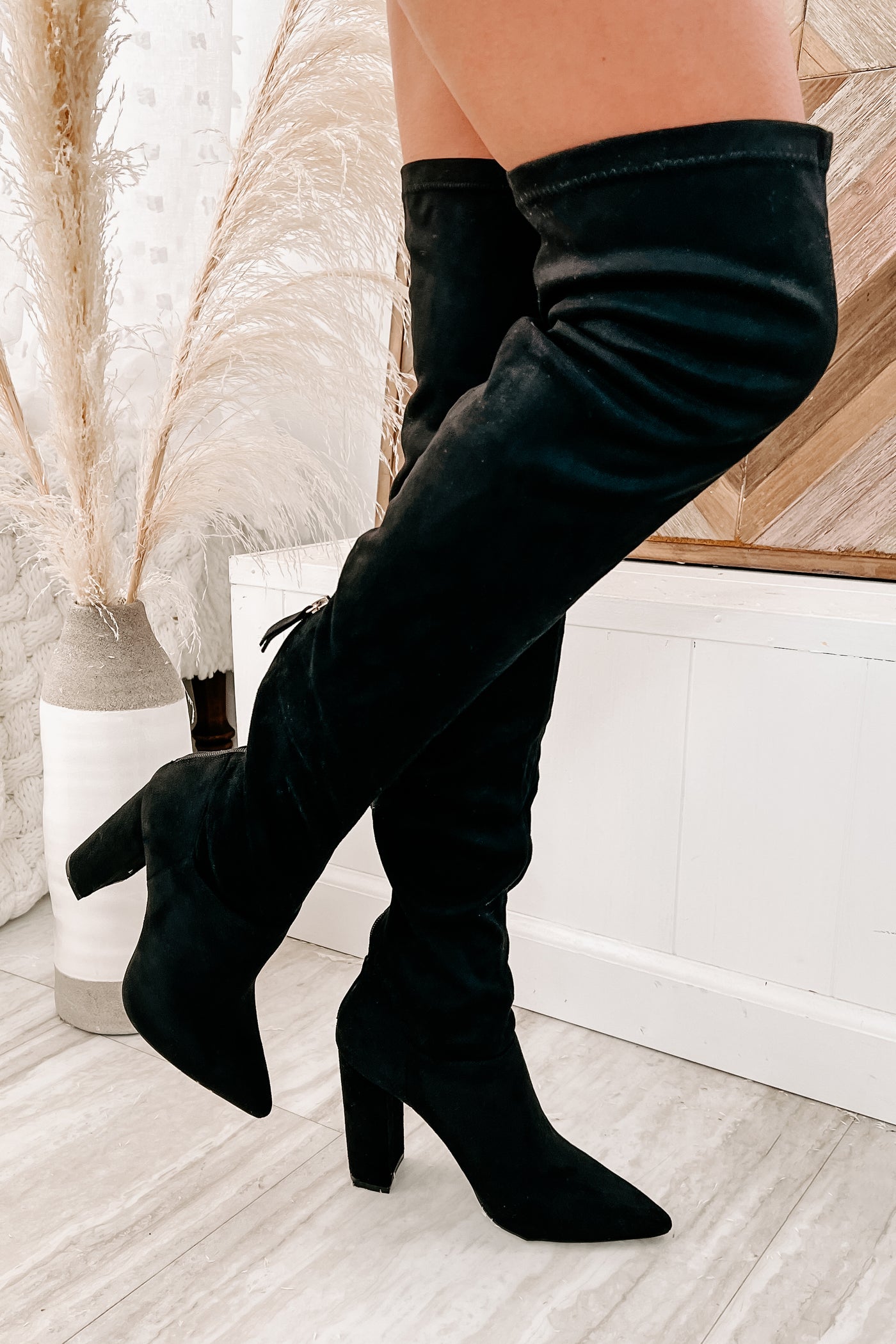 Sheila Faux Suede Over The Knee Boots (Black) - NanaMacs