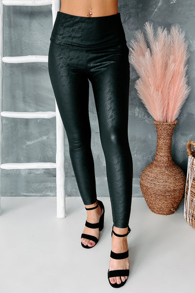 Gorgeously Graceful Faux Leather Lace Leggings (Black) - NanaMacs