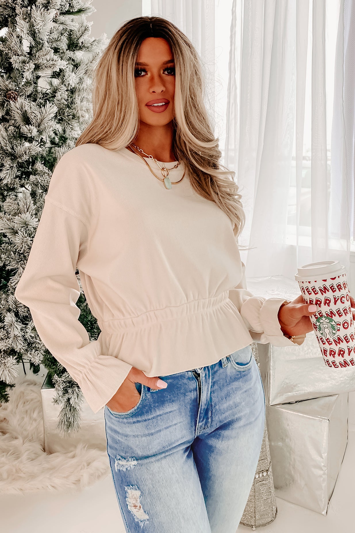 Lovely Dreams Ribbed Peplum Top (Ivory) · NanaMacs