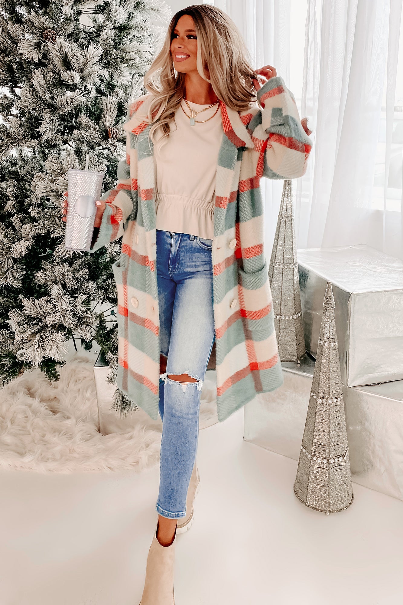 Welcome The Warmth Double-Breasted Plaid Sweater Coat (Dark Mint/Coral) - NanaMacs