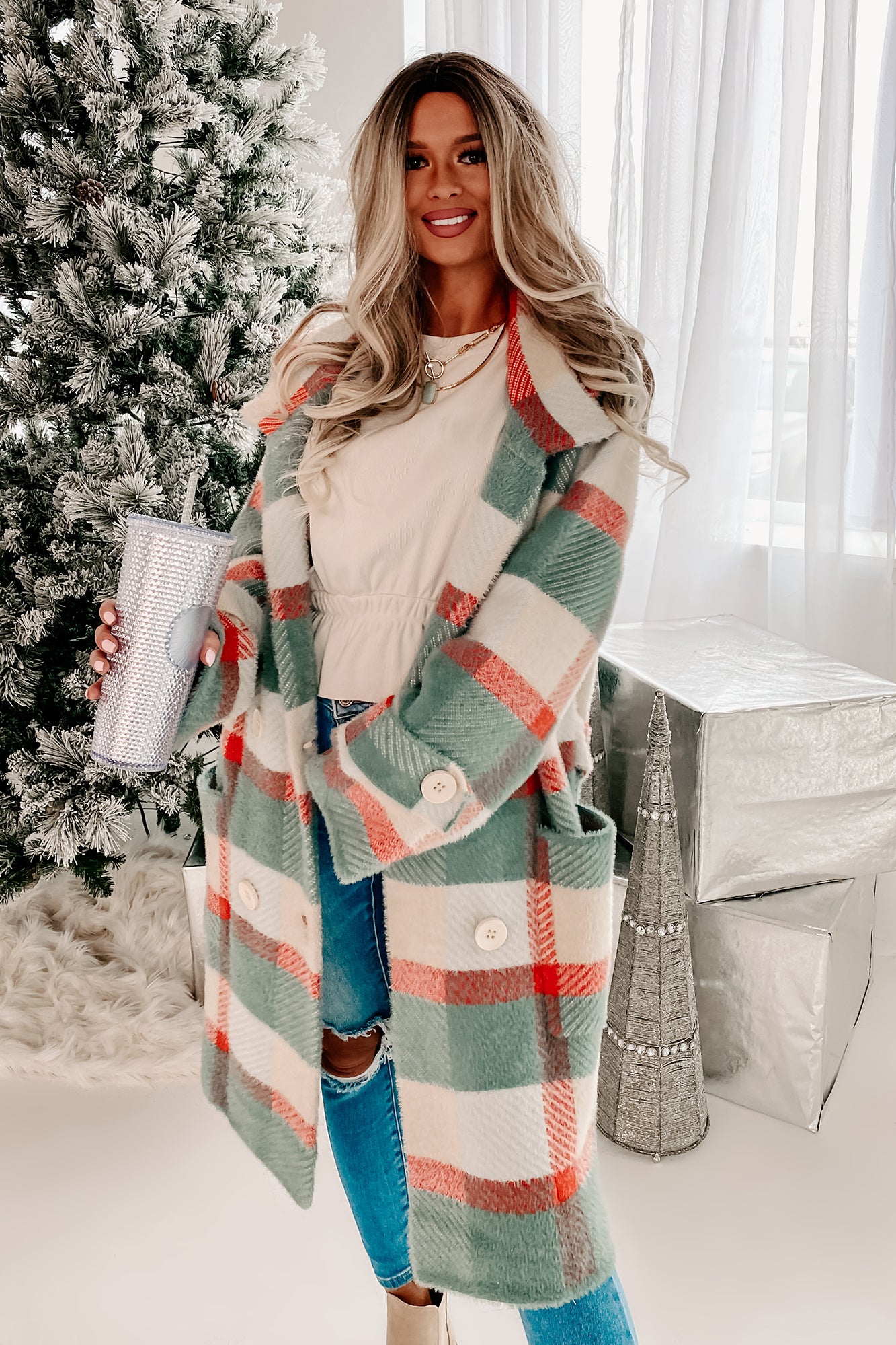Welcome The Warmth Double-Breasted Plaid Sweater Coat (Dark Mint/Coral) - NanaMacs