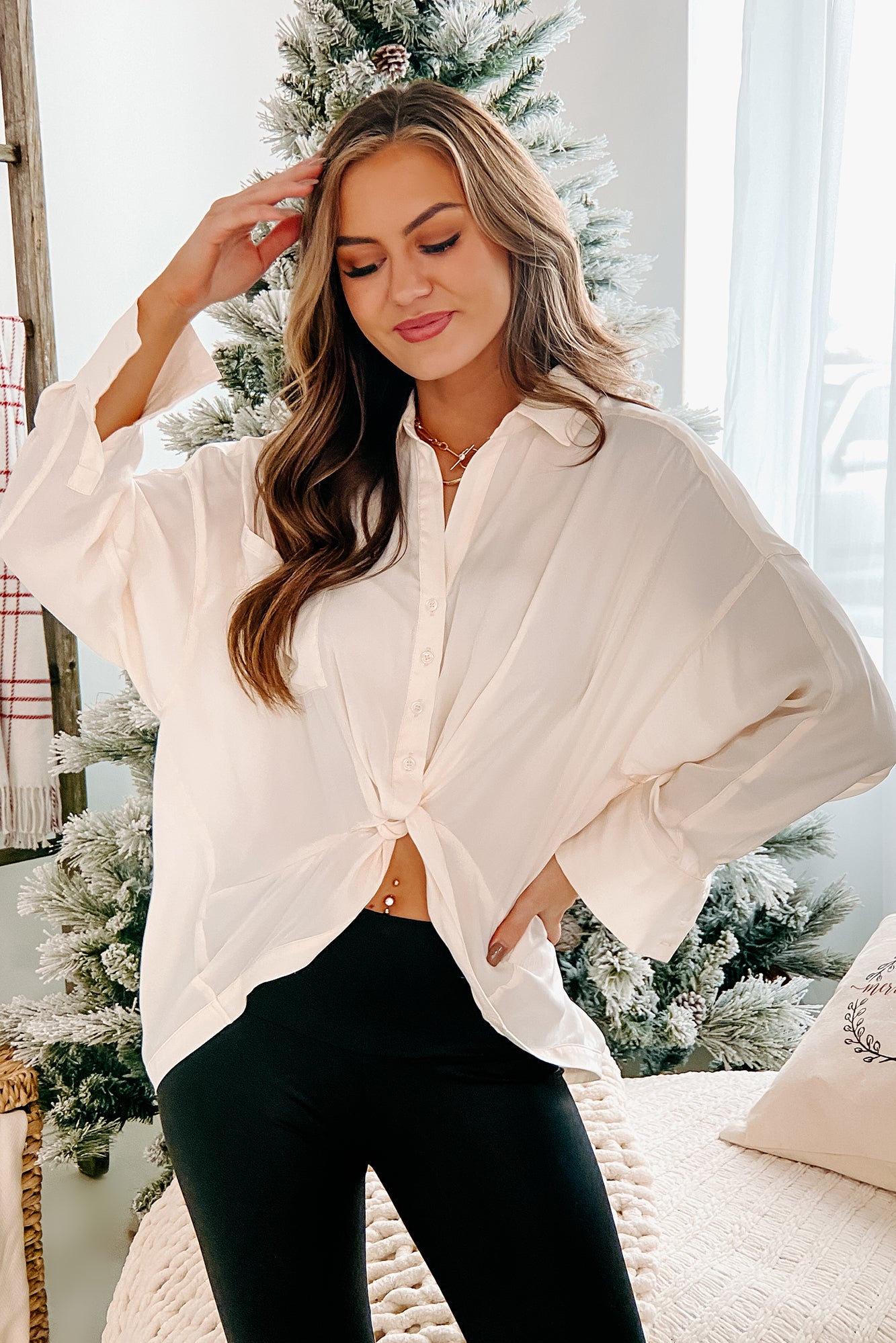 Chic Desires High-Low Knotted Top (Off White) - NanaMacs