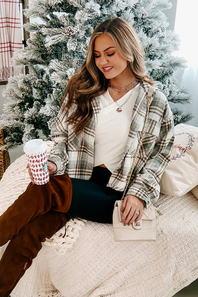 In The Woods Cropped Plaid Shacket (Off White/Sage) - NanaMacs