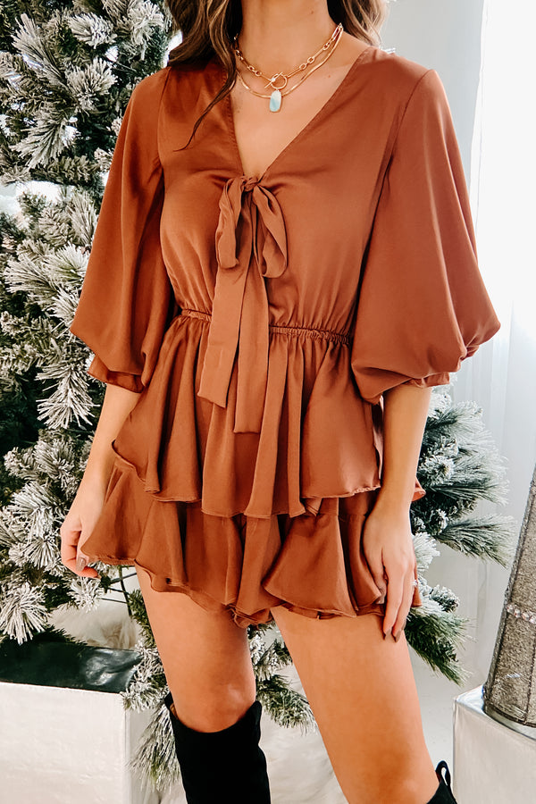 Gossip Twirl Tie-Front Ruffled Romper (Cinnamon) - NanaMacs