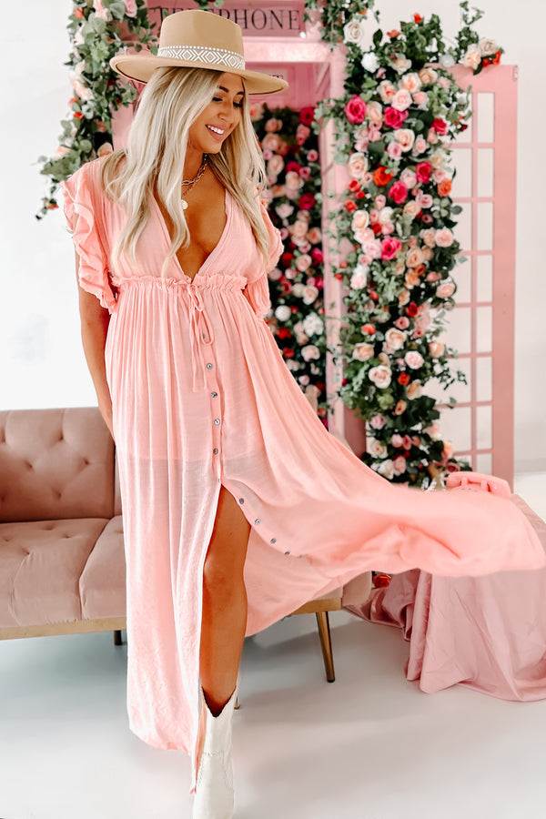 Laguna Living Button-Front Deep V Maxi Dress (Light Peach) - NanaMacs