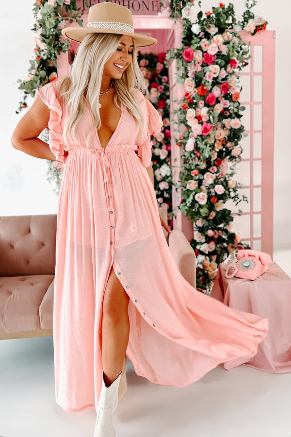 Laguna Living Button-Front Deep V Maxi Dress (Light Peach) - NanaMacs