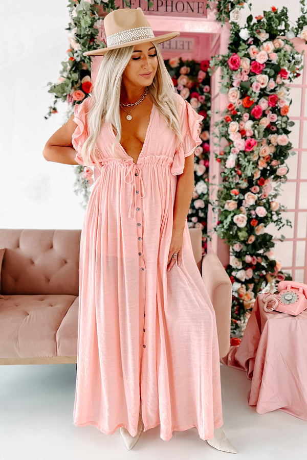 Laguna Living Button-Front Deep V Maxi Dress (Light Peach) - NanaMacs