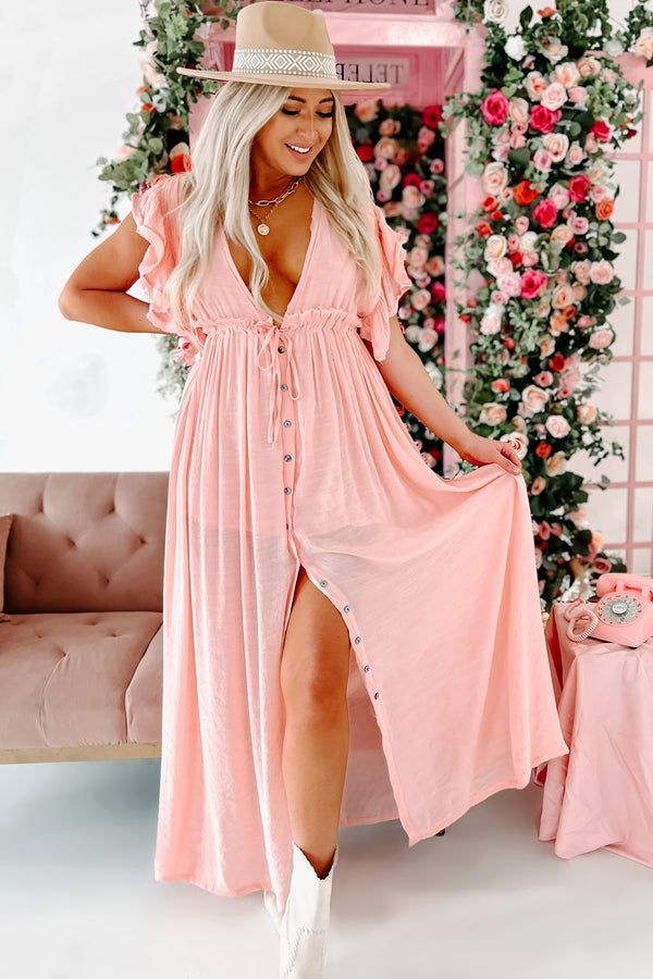 Laguna Living Button-Front Deep V Maxi Dress (Light Peach) - NanaMacs