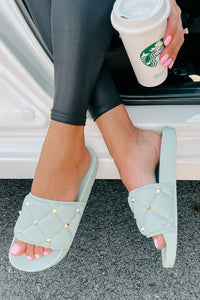 Treating Myself Quilted Studded Slides (Light Teal) - NanaMacs