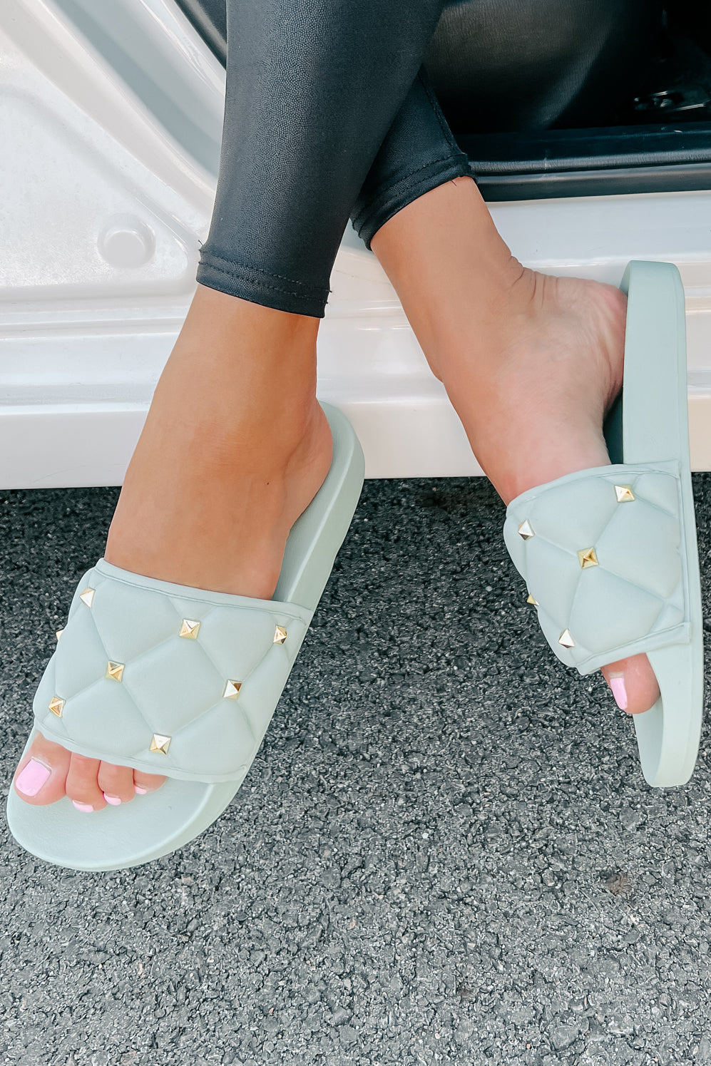 Treating Myself Quilted Studded Slides (Light Teal) - NanaMacs