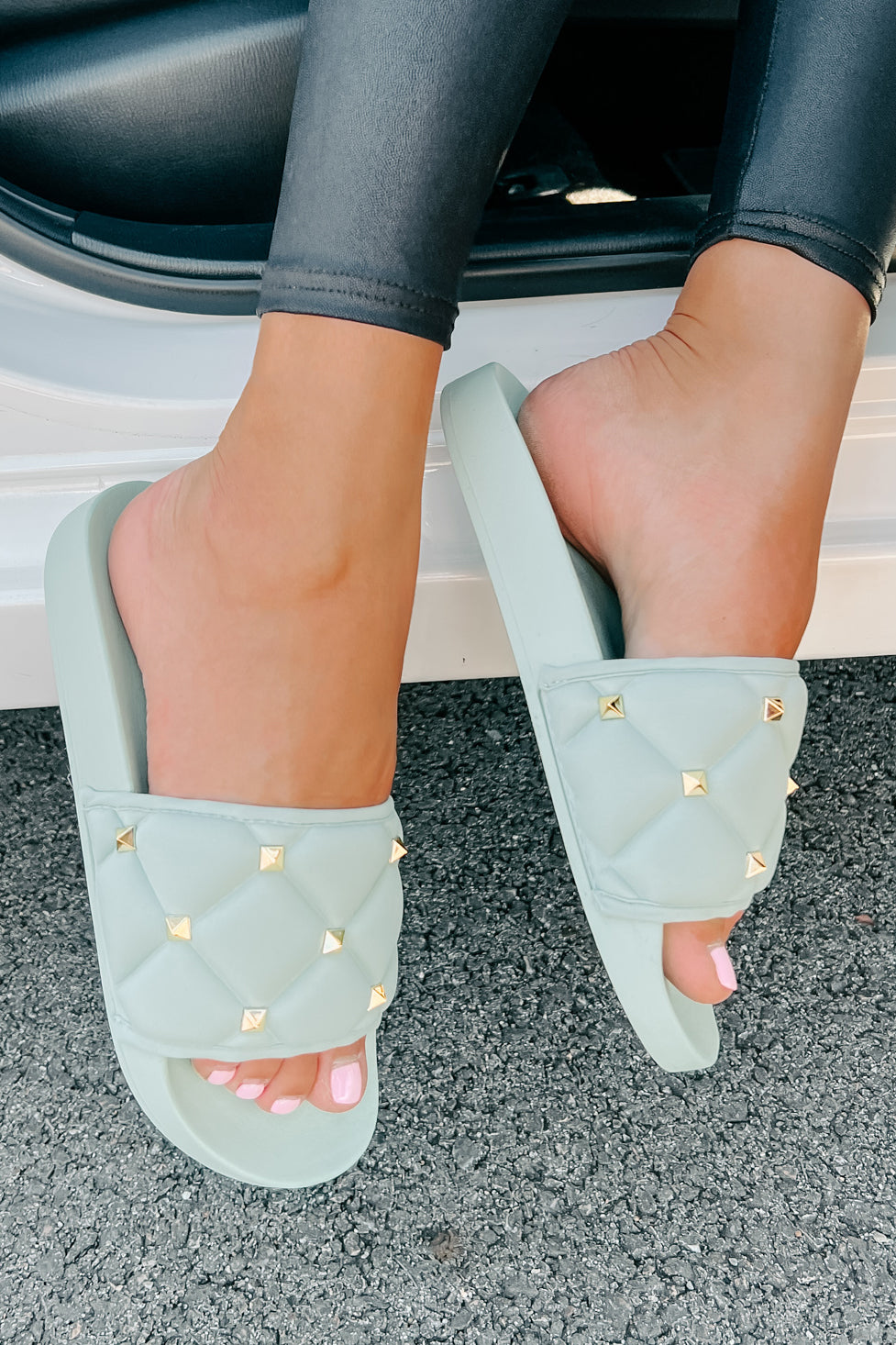 Treating Myself Quilted Studded Slides (Light Teal) - NanaMacs