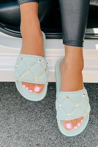 Treating Myself Quilted Studded Slides (Light Teal) - NanaMacs