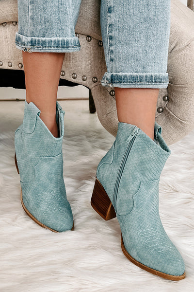 Deceiving Looks Chinese Laundry Faux Leather Snake Print Booties (Light Blue) - NanaMacs
